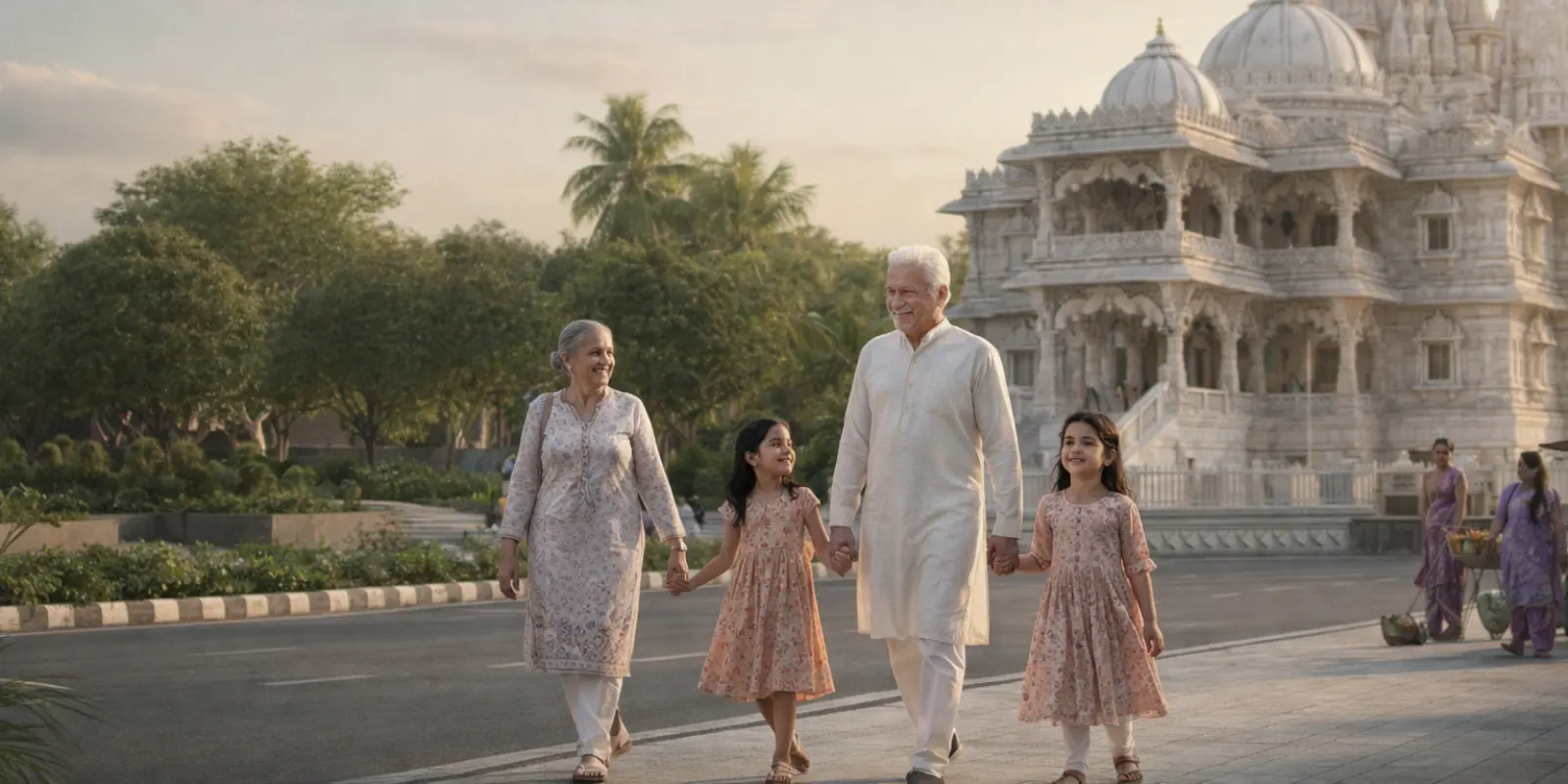 Jain family walking near a Derasar temple in Borivali West, highlighting residential lifestyle and cultural proximity.
